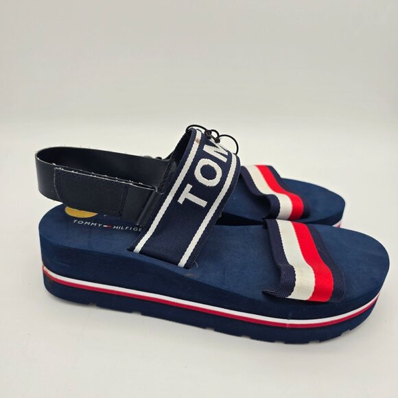 Tommy Hilfiger Womens Navy Platform Sandals Size 8 With Red & White Straps - Picture 6 of 10